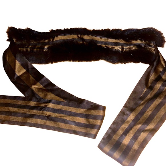 Authentic FENDI Silk Pecan Stripe Fox & Rabbit Fur Shawl - Picture 3 of 16